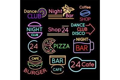 Bar&2C; dance club cafe neon signs isolated on black background