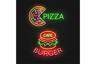 Fast food cafe neon signs - pizza and burger neon banners