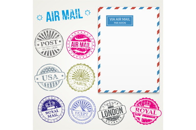 Air mail stamps and envelope vector