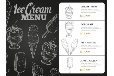 Ice cream menu with prices - desserts blackboard menu card