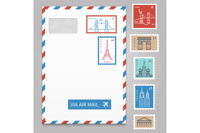 Envelope with postage stamps with line travelling city