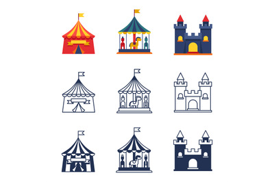 Amusement park circus carnival icons collection