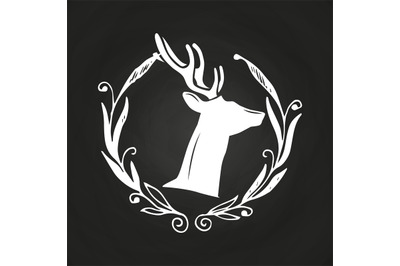 Chalkboard hipster logo with hand drawn wreath and deer head silhouett