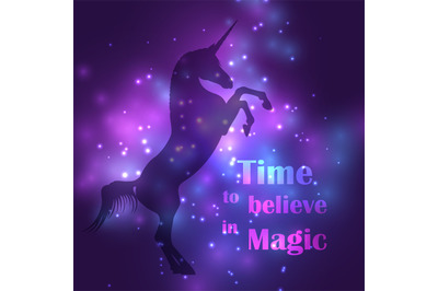 Colorful unicorn silhouette with magic lights poster