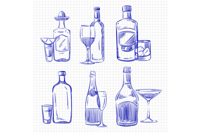 Hand drawn popular drinks - ballpoint pen sketch alcohol bottles and g