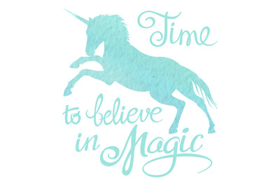 Turquoise watercolor unicorn silhouette and lettering