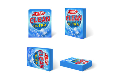 Blue detergent cardboard package box in different positions. Vector te