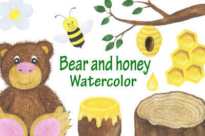 Bear watercolor. Bear and bees watercolor. Bear honey watercolor. Bear