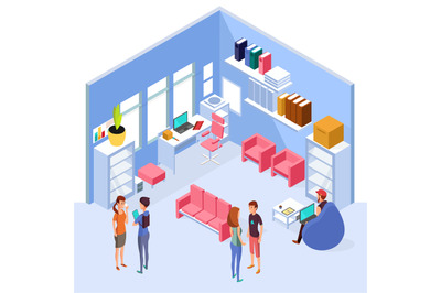 Isometric home office interior. 3d workspace with computer and furnitu