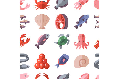 Seafood delicacies and cooking fish vector flat icons seamless backgro