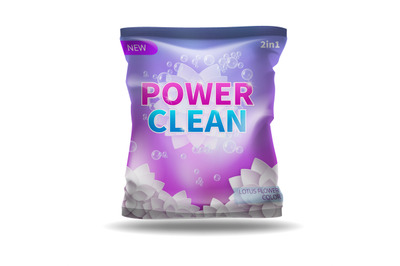 Washing powder and detergent vector bag package. Vector mockup