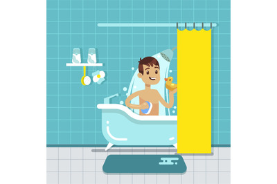 Young man in bathroom home interior with shower