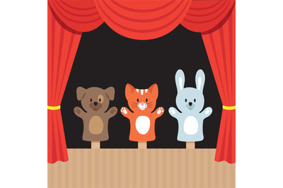 Childrens puppet theater scene with cute animals and red curtain. Cart