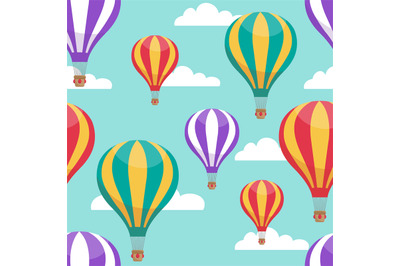 Cartoon hot air balloons in blue sky vector seamless pattern for air t