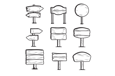 Doodle wood road signs. Hand drawn vector direction sign collection