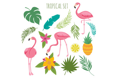 Tropical vectoro set with pink flamingos, palm leaves and flowers