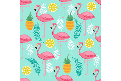 Pink flamingo, pineapples and exotic leaves vector seamless pattern