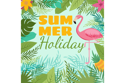 Modern summer vector background with flamingo and tropic plant decorat