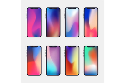 New generation phone with 8 modern wallpapers. Vector mockups collecti