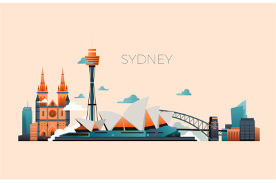 Australia travel landmark vector landscape with Sydney opera and famou