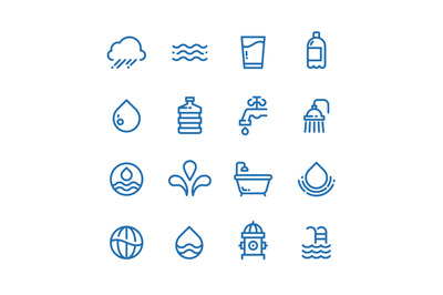 Crystal clean water drops, fresh drinks and hygiene line vector icons