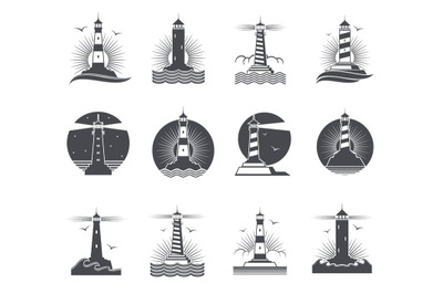 Lighthouse vector marine vintage labels. Lighthouses and ocean waves r