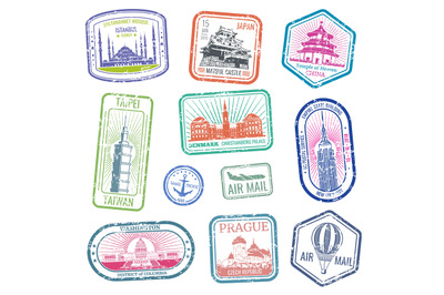 Vintage travel stamps with major monuments and landmarks vector set