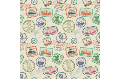 Vintage passport travel stamps vector seamless pattern