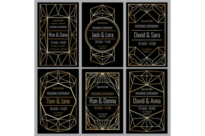 Classy wedding invitation cards with diamond golden geometric frames v