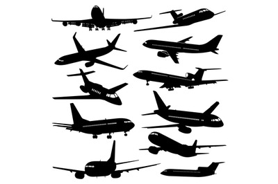 Flight aviation vector icons. Airplane black silhouettes