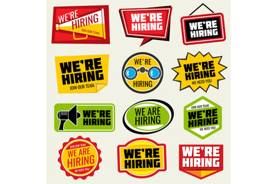 Now hiring vector signs. Employment opportunity stickers