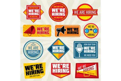 Now hiring employer, promotion at work vector badge and labels