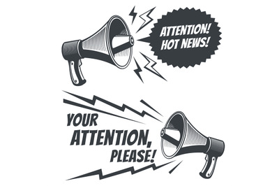 Attention please vector symbols with voice megaphone. Commercial poste