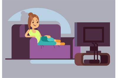 Happy young woman watching tv and lying on sofa. Recreation pastime ve