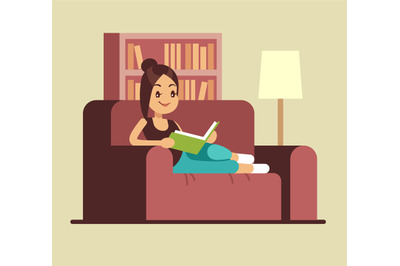 Young woman reading book on couch. Relaxing at home vector concept