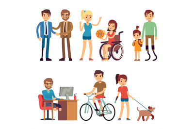 Disabled young woman and man in in day routine activities vector carto