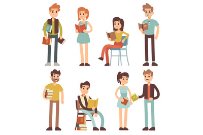 Women and men reading books. People readers vector characters set