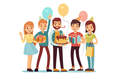 Laughing and smiling people with gifts and cake. Happy birthday vector