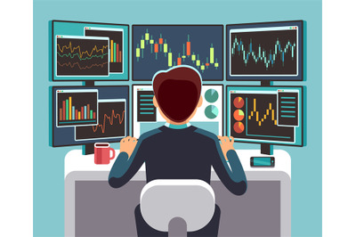 Stock market trader looking at multiple computer screens with financia