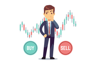 Young man trader and business candlestick chart with buy and sell butt