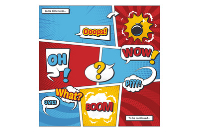 Comic book page vector template with cartoon elements and comic words