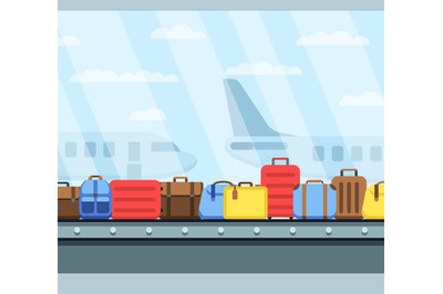 Airport conveyor belt with passenger luggage bags vector illustration