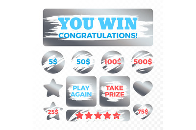 Metal scratching marks for lottery tickets vector set