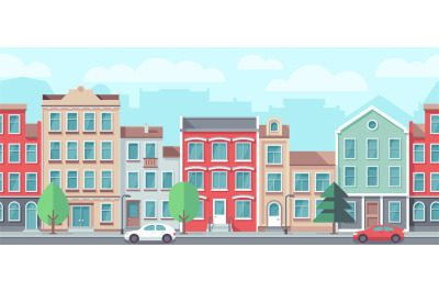 Vector cityscape with old apartment houses. Vector seamless town stree