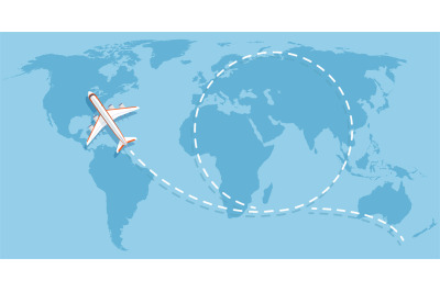 Airplane flying above world map. Aircraft travelling flat vector conce