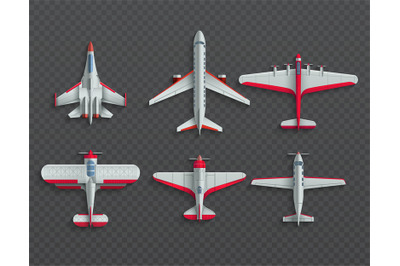 Airplanes and military aircraft top view. 3d airliner and fighter vect