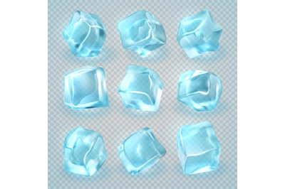 Realistic 3d ice cubes isolated on transparent background. Vector set