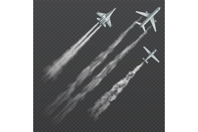 Airplanes and military fighters with condensation smoky trail isolated