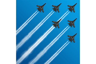 Military fighter jets with condensation trails in sky vector illustrat