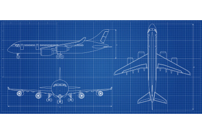 Airplane blueprint. Outline aircraft on blue background. Vector illust